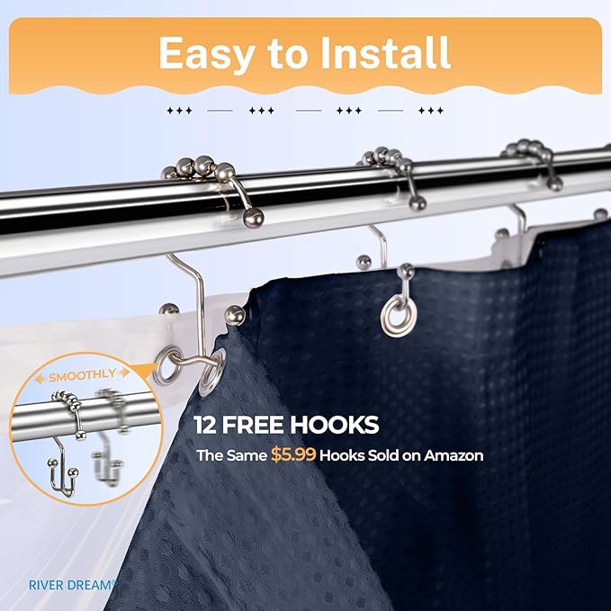 River Dream 3 in 1 Shower Curtain Set, Waffle Fabric Shower Curtain and Waterproof Clear Liner Set with Double Sided Metal Hooks, Navy Blue, 72" W*72" H