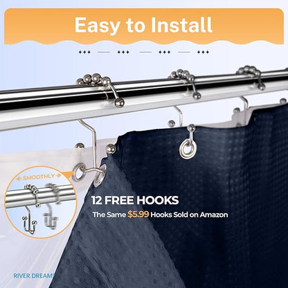 River Dream 3 in 1 Shower Curtain Set, Waffle Fabric Shower Curtain and Waterproof Clear Liner Set with Double Sided Metal Hooks, Navy Blue, 72" W*72" H