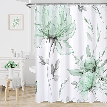 Green and Grey Boho Watercolor Floral Shower Curtain, Ink Painting Style Blossom & Leaf Shower Curtains for Chic Elegant Bathroom, Artistic Fabric Cloth Flower Shower Curtain, 72x72