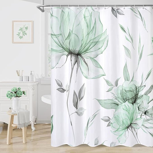Long Boho Watercolor Floral Shower Curtain 72 x 78, Green and Grey Ink Painting Style Flower Shower Curtains for Chic Elegant Bathroom, Artistic 78 Inch Long Fabric Shower Curtain