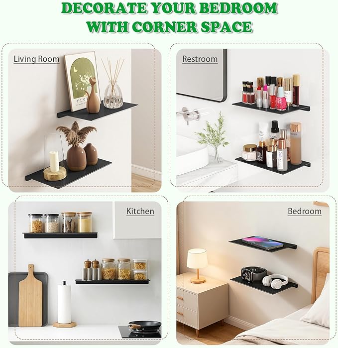 8" Floating Shelves for Wall, Metal Wall Shelves,Mini Display Shelf for Collectibles, Black Floating Shelves, Long Book Shelf for Bathroom Bedroom Room, Small Hanging Shelves