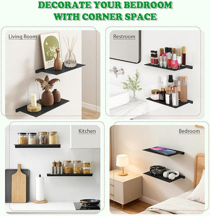 8" Floating Shelves for Wall, Metal Wall Shelves,Mini Display Shelf for Collectibles, Black Floating Shelves, Long Book Shelf for Bathroom Bedroom Room, Small Hanging Shelves