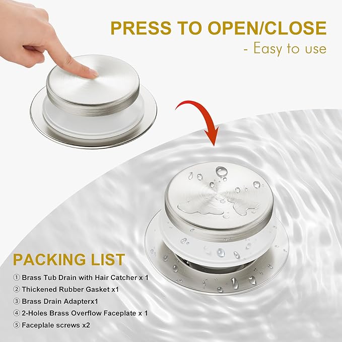 Brushed Nickel Bathtub Drain Stopper and Overflow Kit, Solid Brass Tip-Toe Bath Tub Drain with Hair Catcher - Universal Coarse/Fine Thread, Bathroom Bathtub Plug Replacement, 11.5/16 UNC