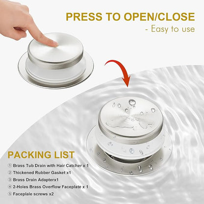 Brushed Nickel Bathtub Drain Stopper and Overflow Kit, Solid Brass Tip-Toe Bath Tub Drain with Hair Catcher - Universal Coarse/Fine Thread, Bathroom Bathtub Plug Replacement, 11.5/16 UNC