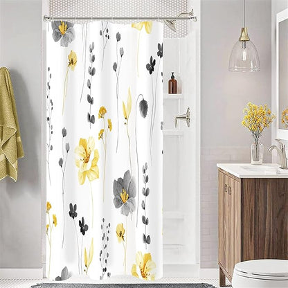 Gibelle Small Stall Shower Curtain 36 x 72, Narrow Half Watercolor Floral Fabric Shower Curtain, Yellow Grey Flower Decorative Bathroom Shower Curtain Set