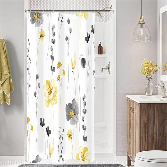 Gibelle Small Stall Shower Curtain 36 x 72, Narrow Half Watercolor Floral Fabric Shower Curtain, Yellow Grey Flower Decorative Bathroom Shower Curtain Set