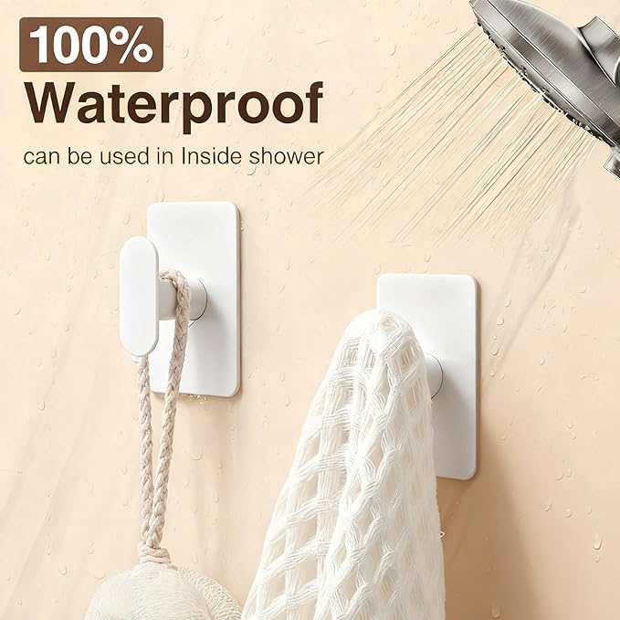 pickpiff Adhesive Towel Hooks for Bathroom: 20LB Extra Strong Wall Hanger for Shower Kitchen RV Dorm Apartment, White 4 Pack