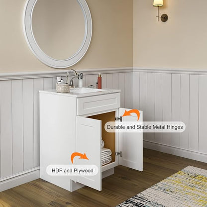 ROOMTEC Bathroom Cabinet, 27'' Free Standing Single Bathroom Vanity with 1 False Drawer and 2 Doors,Morden Bathroom Sink Vanity Storage Cabinet, Shaker White