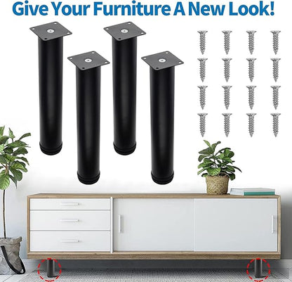 12 Inch Metal Furniture Legs Stainless Steel Adjustable Legs Black Metal Legs Round Cabinet Legs for Coffee Table Cabinet Desk Sofa Shelves, Pack of 4