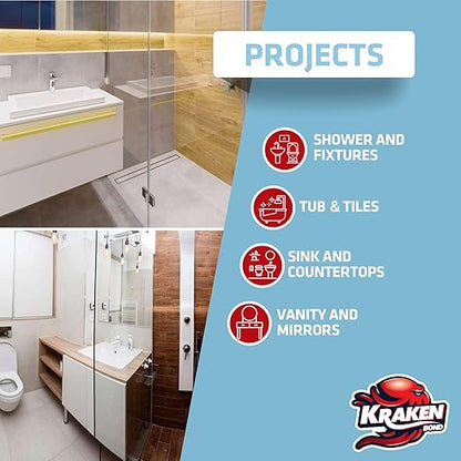 Kraken Bond Premium Kitchen and Bathroom Silicone Caulk White - (2x10.1 fl.oz) RTV White Caulking Silicone Waterproof for Kitchen, Bathroom, Shower, Sink, Anti Shrink 100% Silicone Caulking | 2 Pack