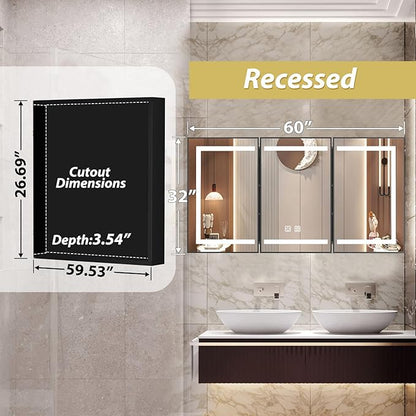 APRILSOUL 60X32 Inch Black Bathroom Medicine Cabinet with Mirror, Recessed or Surface Lighted Medicine Cabinet with 3 Colors Temperature, Dimmable Light