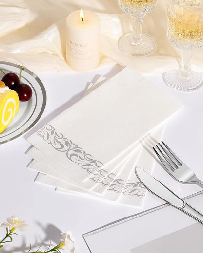 Goodluck 100 Pack 3-Ply Disposable Napkins - Soft & Absorbent Paper Hand Towels for Bathroom Guests, Dinner Party, Kitchen,Christmas， Wedding & Events, Parties - Floral Siliver Trim