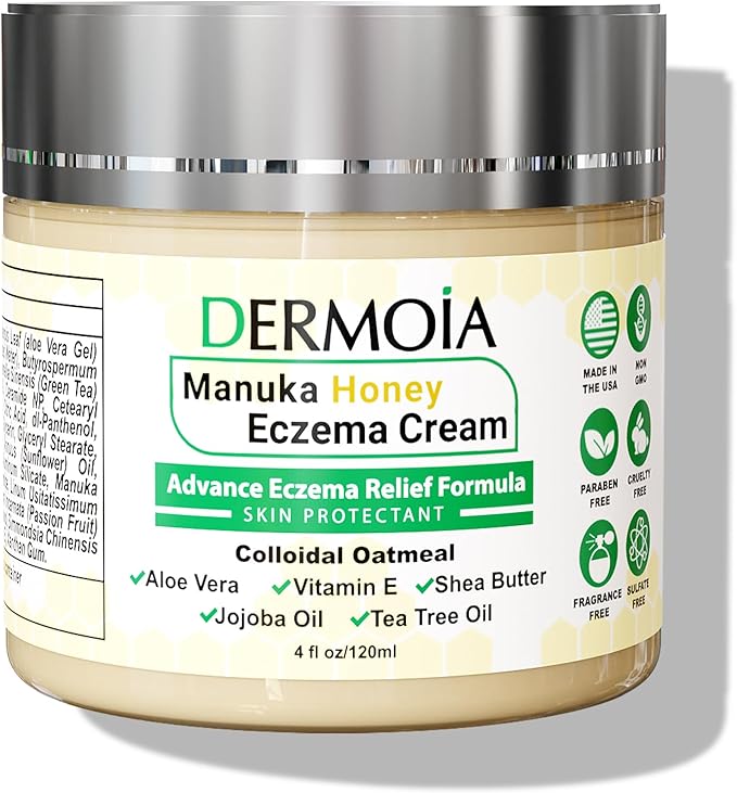 Manuka Honey Cream - Eczema Cream for Adults & Kids - Seborrheic Dermatitis Cream for All Skin Types - Eczema Honey Cream for Redness & Itch Skin Relief with Aloe Vera - 4oz