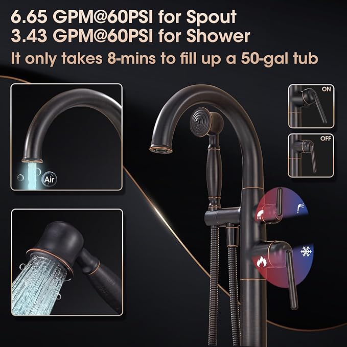 Freestanding Tub Faucets Bathroom Floor Mounted Waterfall Tub Filler Brass High Flow Swivel Spout&Hand Shower Oil Rubbed Bronze
