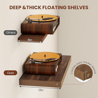 Vivelove 12 Inch Deep Floating Shelves for Wall, 24" X 12" X 2" Floating Shelf, 2 Inch Thick Shelf for Bathroom Bedroom Kitchen Book Room, Modern Farmhouse Decor Set of 2, Walnut
