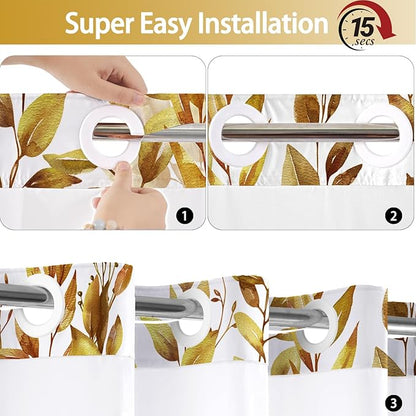 No Hook Shower Curtain and Liner Set, Yellow Eucalyptus Floral Shower Curtains for Bathroom, Bath Curtain Sets with Snap in Liner, Waterproof with See Through Top Window, 71x74 Inches