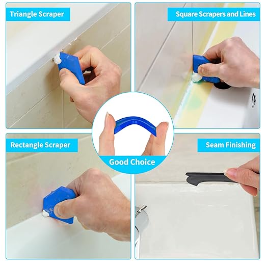 11Pcs Silicone Caulking Tools 3 in1 Grout Removal Tool(Stainless Steelhead)&Grout Remove Scraper,5 Silicone Replaceable Pads,4 Glass Glue Angle Scraper, Caulk Remover for Kitchen/Bathroom/Window/Joint