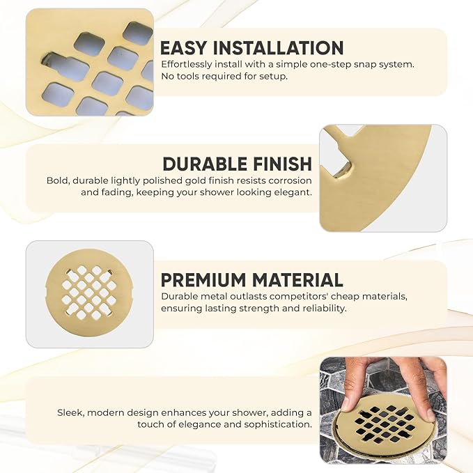 4 ¼” Brushed Light Gold Snap-in Shower Drain Cover - Gold Replacement - 4.25" OD Shower Drain Strainer - Easy Install - Premium Round Shower Drain Cover - Solid Brass Construction