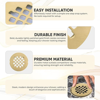 4 ¼” Brushed Light Gold Snap-in Shower Drain Cover - Gold Replacement - 4.25" OD Shower Drain Strainer - Easy Install - Premium Round Shower Drain Cover - Solid Brass Construction