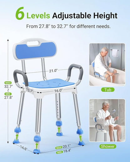 Widened Shower Chair for Inside Shower with Padded Back & Arms,400 lbs Heavy Duty & Adjustable Shower Chair for Elderly and Disabled, Non-Slip Shower Seat, Bath Chair for Tub