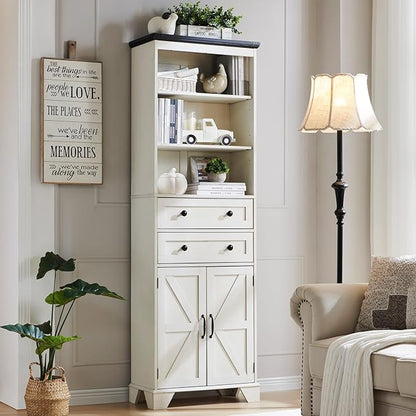 ACCOHOHO Farmhouse Tall Bathroom Storage Cabinet, 72" Storage Cabinet with 2 Drawers, Adjustable Shelves & Barn Door, Cabinet for Bathroom, Living Room, Kitchen, Off White
