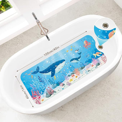 SHUCHING Baby Bath Mat for Tub Non Slip-40 X 16 Inch, Extra Long Kids Bathtub Mat Non Slip, Toddler Shower Mat for Bathroom, Whale