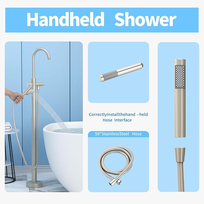 Freestanding Tub Filler Brushed Nickel Floor Mount Bathtub Faucet Bathroom,Rough-in Valve 2 Function Handshower for Tub Rinsing Bathing,Anti-Wobble Base,Cylinder Handheld