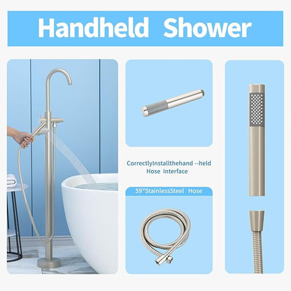 Freestanding Tub Filler Brushed Nickel Floor Mount Bathtub Faucet Bathroom,Rough-in Valve 2 Function Handshower for Tub Rinsing Bathing,Anti-Wobble Base,Cylinder Handheld