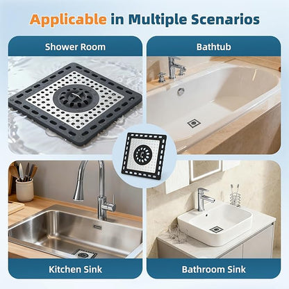 Hibbent 2 Pack Upgraded Shower Drain Hair Catcher, Shower Drain Cover for Bathroom Floor 4" Drain, Anti-Clogging Bathtub Drain Strainer, Stainless Steel Kitchen Sink Drain Strainer with Handle, Black