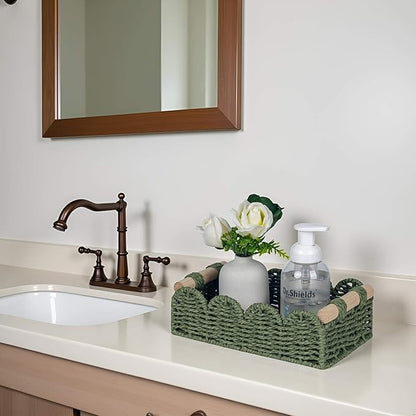 CubesLand Scalloped Decor Basket for Living Room, Home, Bathroom, 2SAME SIZE Paper Rope Basket, Toilet Storage Baskets for Over Toilet Storage Shelf, Cozy Woven Basket Both Storage&Decor, Green