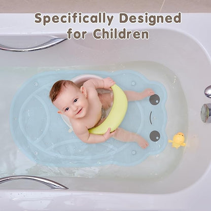 Bathtub Mat Non Slip, Kids Bath Mat 30"x 18", Bath Mat for Tub Non Slip with Strong Suction and Textured Surface, Natural Rubber Latex Free PVC Free Safe for Baby, Frog Pattern, Blue