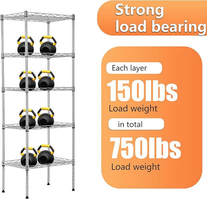 BestOffice | 5-Tier Wire Storage Shelves | 17x12x48 | Chrome | with Adjustable Racks | Heavy-Duty Metal Shelf, Holds Upto 750 lbs | No-Tool Assembly | Ideal for Home & Garage Shelving