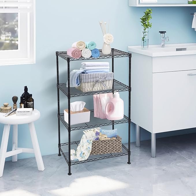 BNSPLY 4 Tier Wire Shelving Unit, Height Adjustable Wire Shelves with NSF Certified, Metal Storage Rack Shelf Unit for Kitchen, Laundry, Bathroom, Pantry, Closet (12" D x 19.7" W x 31.5" H, Black)