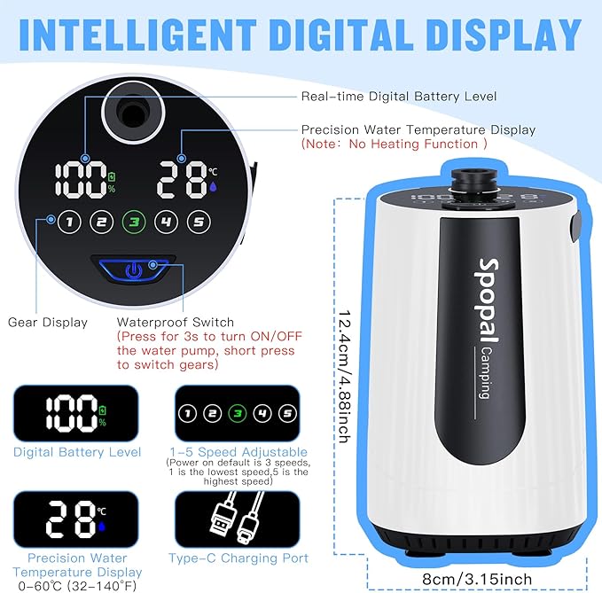 Portable Shower for Camping, [Upgraded] 10000mAh Rechargeable Camping Shower with 5 Adjustable Speeds,Premium LED Display, IPX8 Waterproof Outdoor Shower Kit for Hiking, Car, Pet, Travel