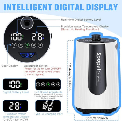 Portable Shower for Camping, [Upgraded] 10000mAh Rechargeable Camping Shower with 5 Adjustable Speeds,Premium LED Display, IPX8 Waterproof Outdoor Shower Kit for Hiking, Car, Pet, Travel