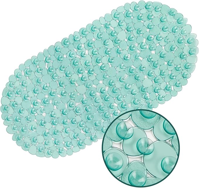 WELTRXE Pebbles Bathtub and Shower Mat Non Slip, Oval Bath Mats for Bathroom Tub Washable with Suction Cups, Drain Holes, BPA Free, 27 x 14 Inch, Dark Green
