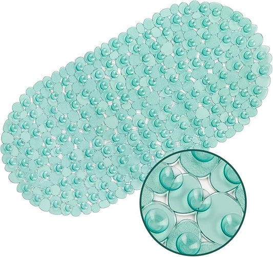 WELTRXE Pebbles Bathtub and Shower Mat Non Slip, Oval Bath Mats for Bathroom Tub Washable with Suction Cups, Drain Holes, BPA Free, 27 x 14 Inch, Dark Green
