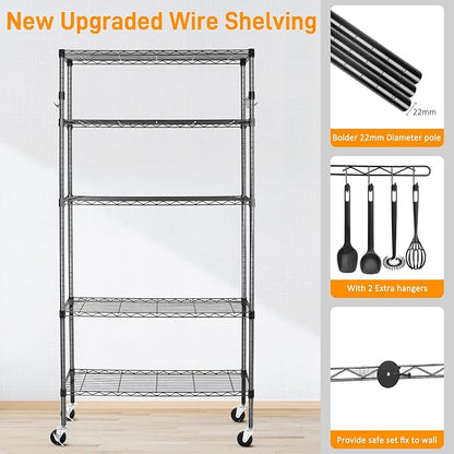 5 Tier Storage Shelves with Wheels, 1750lbs Capacity Heavy Duty Shelving Units, 14x36x75inch Adjustable Metal Shelf Wire Shelving Rack for Garage, Kitchen, Office, Black