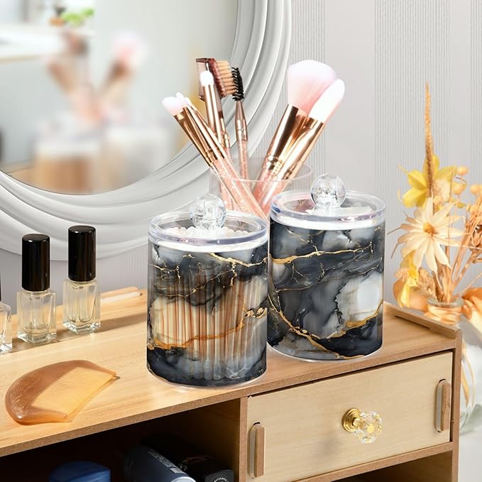 MNSRUU 2 Pack Qtip Holder Organizer Dispenser Abstract Black White Gold Marble Bathroom Storage Canister Plastic Cotton Ball Holder Bathroom Containers for Cotton Swabs/Pads/Floss