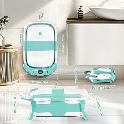 Baby Bathtub,Collapsible Baby Bath Tub with Thermometer & Soft Floating Cushion,Portable Travel Baby Bathtubs for Newborns to Toddlers 0-36 Months(Bear Green)