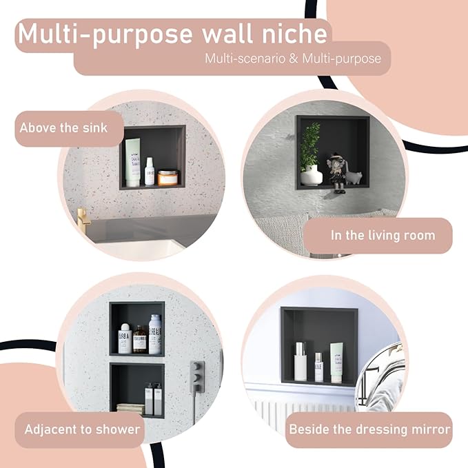 12x12 Matte Black Shower Niche - Stainless Steel Tile-Ready Bathroom Storage for Small Showers