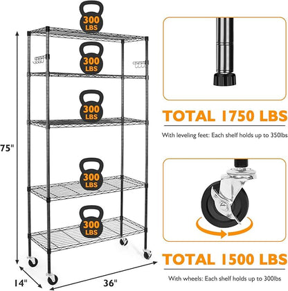 5 Tier Storage Shelves with Wheels, 1750lbs Capacity Heavy Duty Shelving Units, 14x36x75inch Adjustable Metal Shelf Wire Shelving Rack for Garage, Kitchen, Office, Black