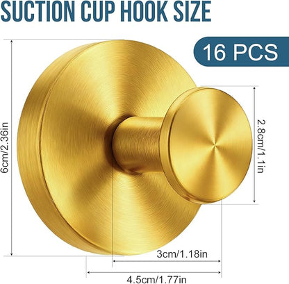 Suction Cup Hook for Shower, 16 Pack Wall Mount Towel Holder, Removable Towel Hook - Stainless Steel No Drill Hook for Bathroom Window Glass Door Wall Home Kitchen Gold