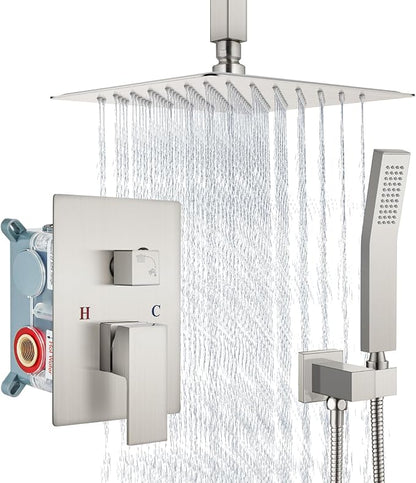 Aolemi Ceiling Mount Shower System Rain Shower Head with Handheld Spray High Pressure Shower Faucet Set Rough-in Valve Shower Trim Kit Included Bathroom Brushed Nickel 8 Inch Ceiling Shower Head