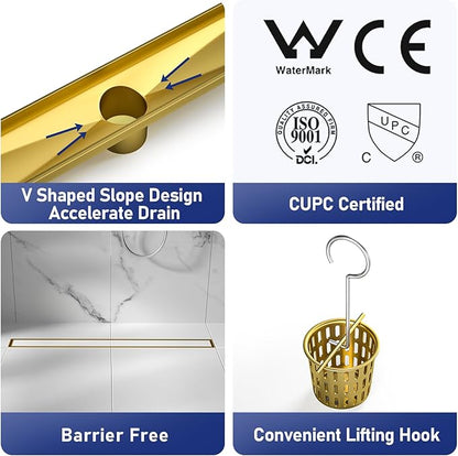 Linear Shower Drain 30", Brushed Gold Floor Drain with Tiled Insert Grate & Hair Strainer, 304 Stainless Steel Bathroom 2-in-1 Tiled in Drain, CUPC Certified (Brushed Gold, 30'')