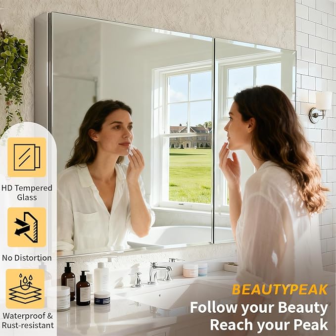 BEAUTYPEAK 36 x 26 Inch Medicine Cabinet with Mirror, Wall Mounted Bathroom Mirror Cabinet, Medicine Cabinet Mirror with Storage & Adjustable Shelves