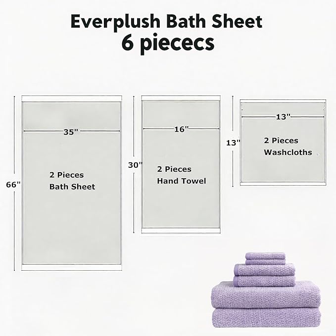 Everplush Diamond Collection 6-Piece Bath Sheet Set, Soft Plush Jacquard Luxury Bath Towels,Highly Absorbent & Fast-Drying Luxury Towels Sets for Bathroom,Shower, or Spa (Lavender, Bath Sheet 6PK)