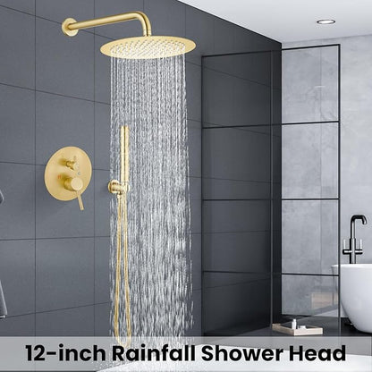 Airuida Shower Fixtures 2 Functions Shower Faucet Set Wall Mounted for Bathroom High Pressure Brass Handheld Shower with Rough-in Valve Round Rainfall 12 Inch Shower Head Brushed Gold