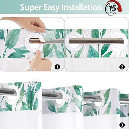 No Hook Shower Curtain and Liner Set, Teal Eucalyptus Floral Shower Curtains for Bathroom, Bath Curtain Sets with Snap in Liner, Waterproof with See Through Top Window, 71x84 Inches
