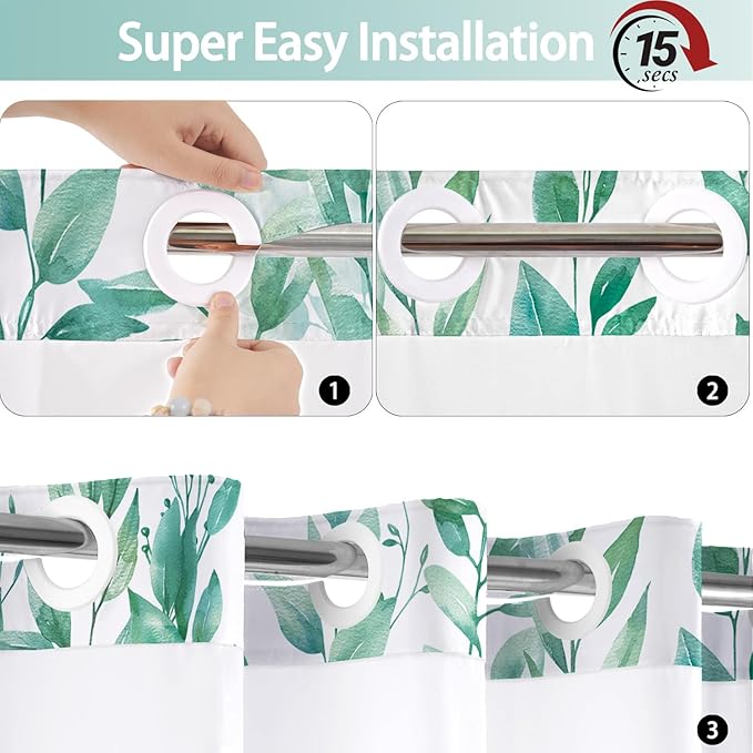 No Hook Shower Curtain and Liner Set, Teal Eucalyptus Floral Shower Curtains for Bathroom, Bath Curtain Sets with Snap in Liner, Waterproof with See Through Top Window, 71x77 Inches